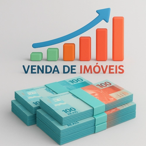 A imagem ilustra um gráfico crescente de venda de imóveis com notas de cem reais a frente